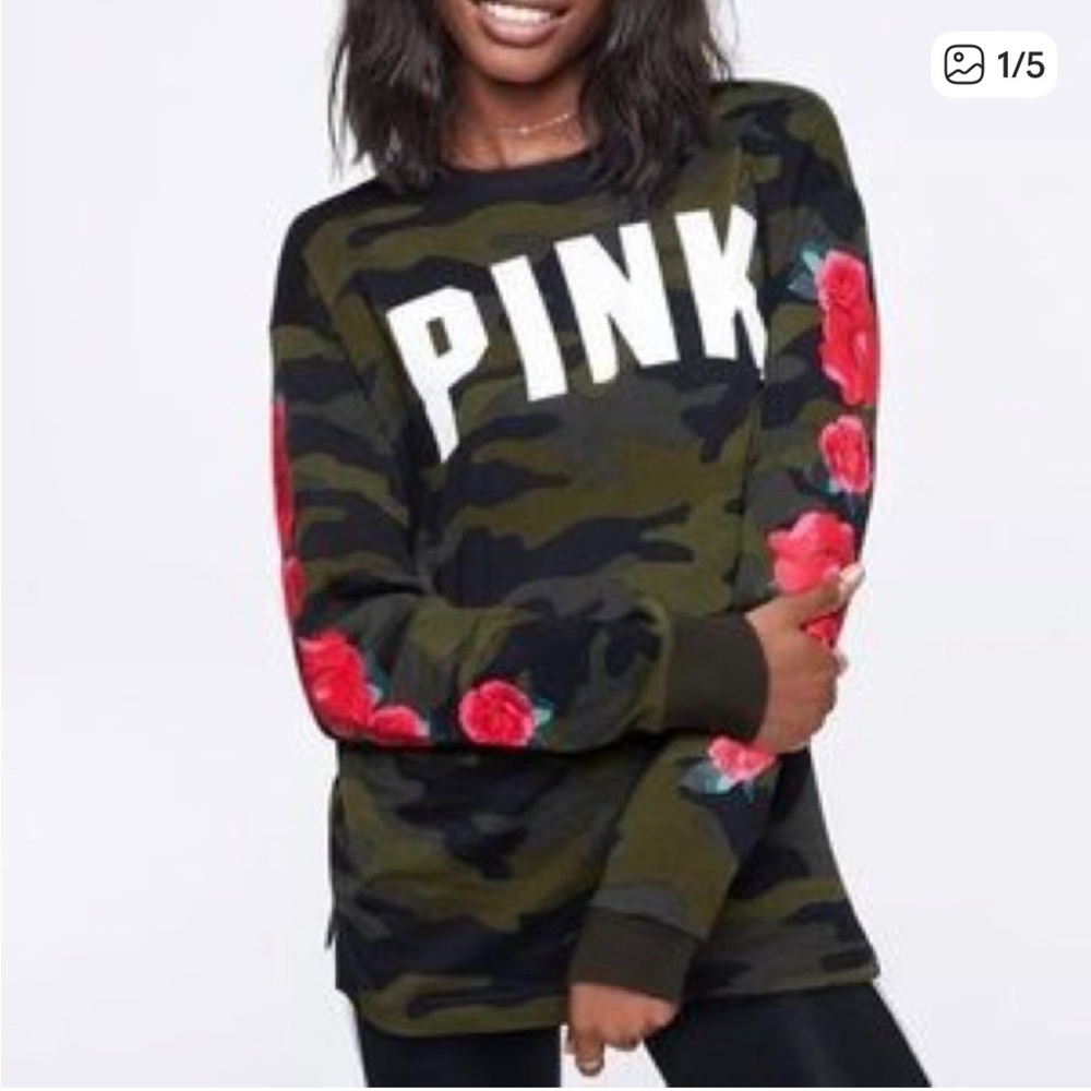 PINK Victoria's Secret Camo Longsleeve with Red Rose Sleeves XL 2018 Streetwear